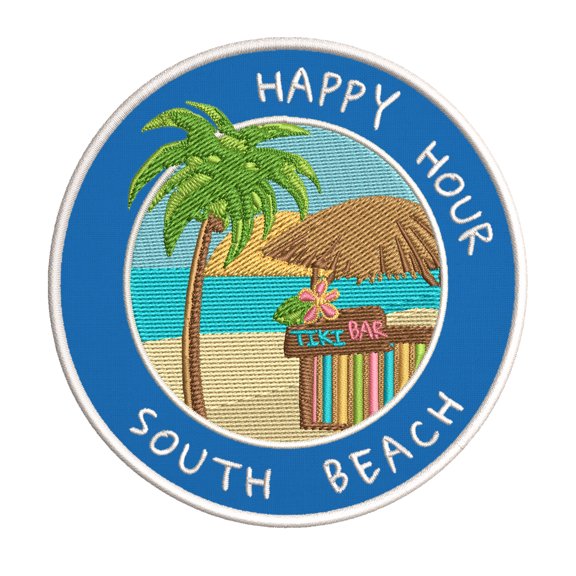 Happy Hour! South Beach, Florida 3.5 Inch Iron Or Sew On Embroidered Fabric Badge Patch Ocean Beach, Salt Life Iconic Series