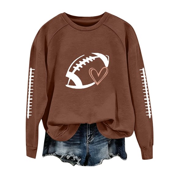WULMLEO Football Pullover Tops for Women Fall Crew Neck Long Sleeve Soccer Game Fans Day Printed Trendy Oversized Casual Sweatshirts Sweaters Shirts Brown M