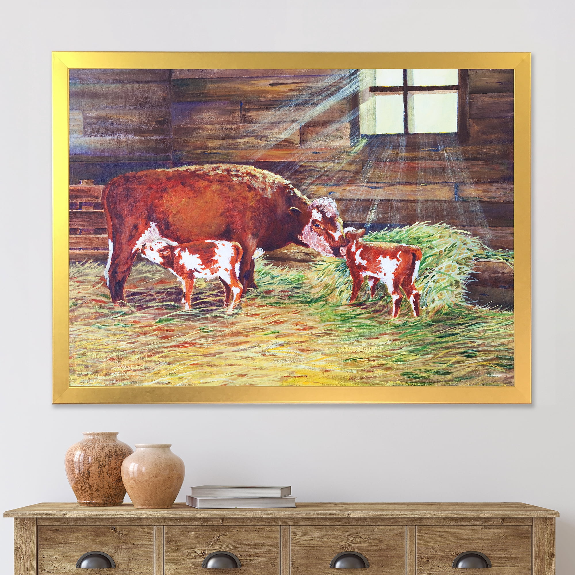 Designart 'Newborn Twin Calves With Cow At The Farm' Farmhouse Framed Art Print
