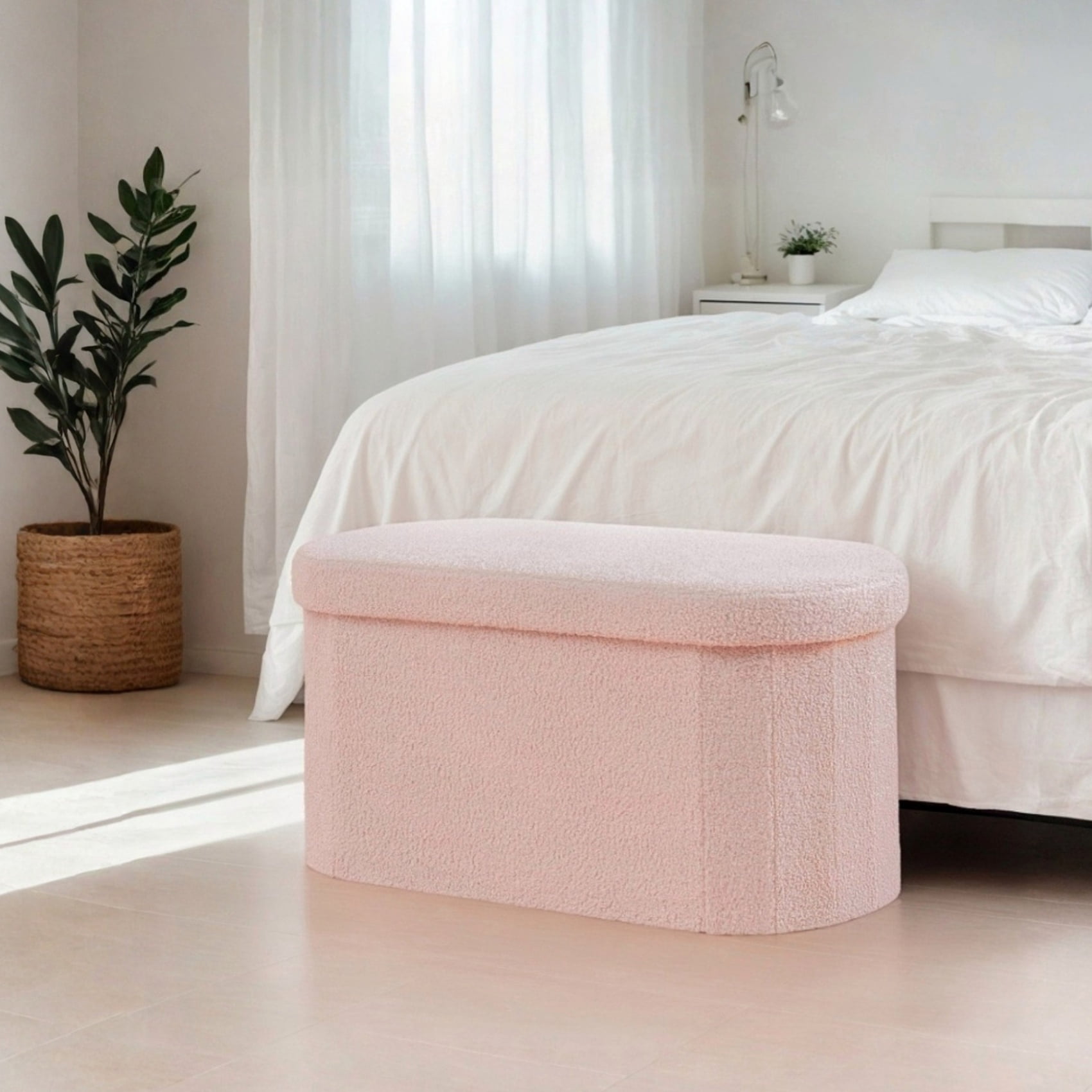 PINPLUS Storage Ottoman Bench Tufted Oval Ottoman Bench Foot Rest Velvet Bench with Storage 30" Pink
