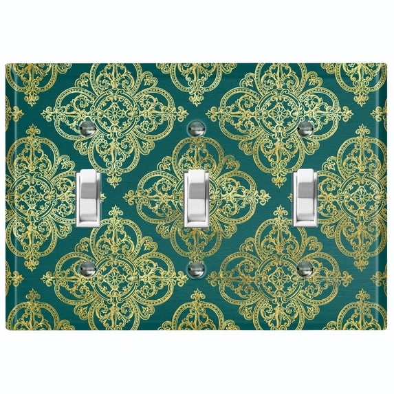 Metal Light Switch Plate Cover Elegant Green Yellow Diamond Cross Damask DAM091