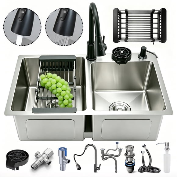 Fregadero Doble de Acero Inoxidable Plateado Tarja con Grifo Extraíble y Accesorios Kit Completo 80x45cm