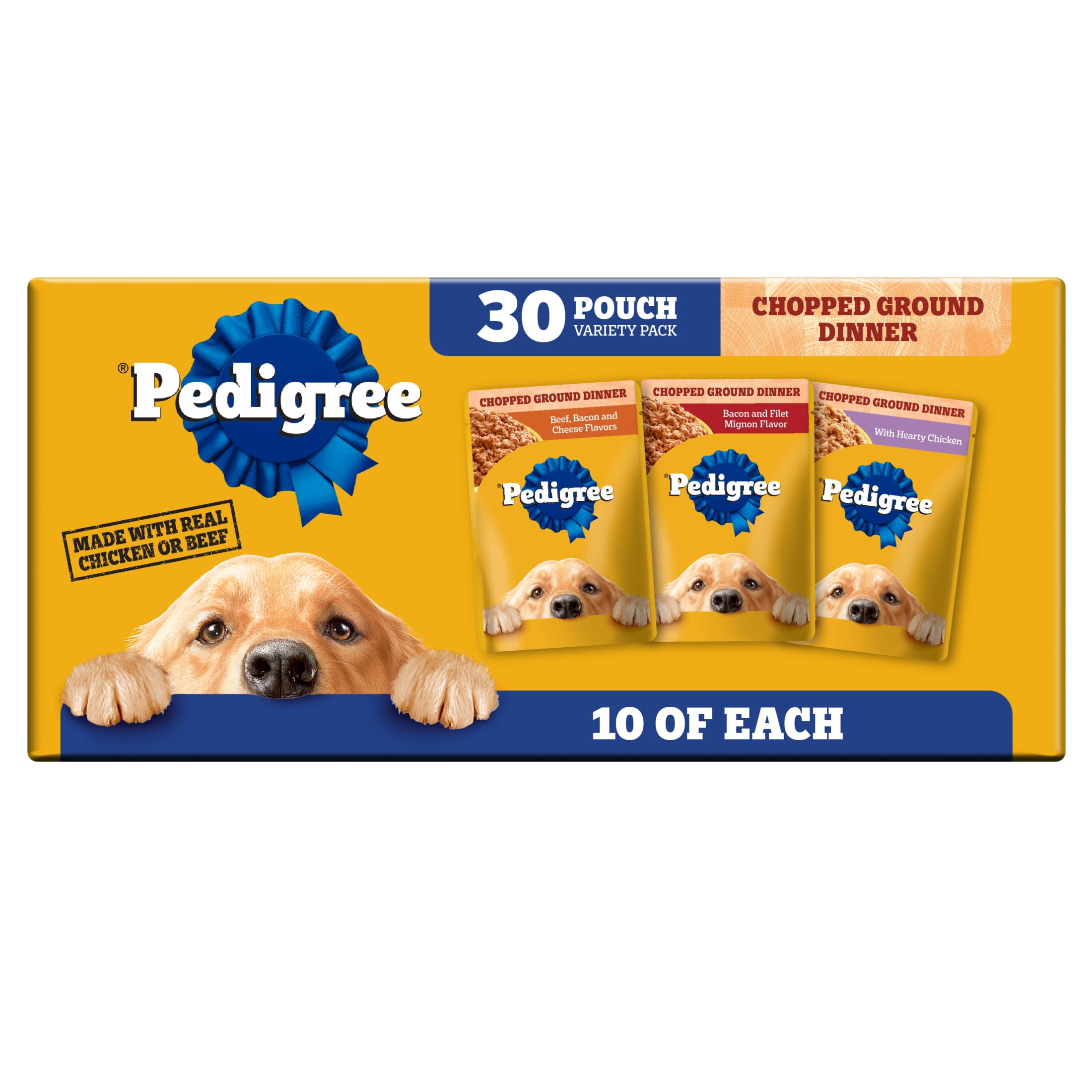 (3 pack) Pedigree Chopped Ground Dinner Beef & Bacon Variety Pack Wet Dog Food, (30) 3.5 Oz Pouches