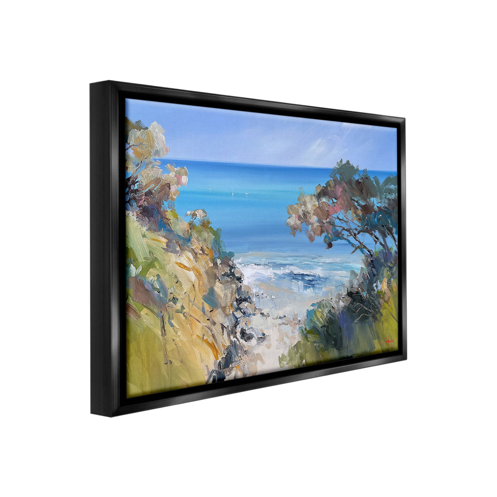 Stupell Industries Beach Cliffs Abstraction Landscape Painting Black Floater Framed Canvas Art Print Wall Art, 21 x 17