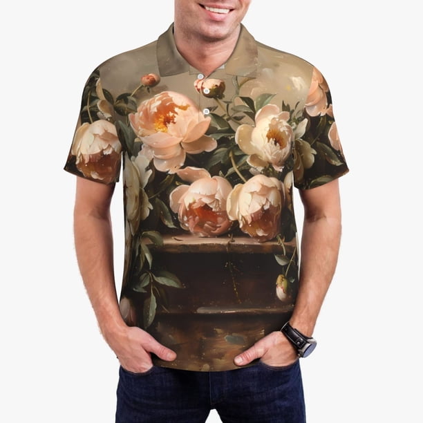 Fotbe Vintage Peonies Rustic Charm Camiseta Polo de Golf para Hombre con Estampado – Camisa Deportiva Transpirable con Cuello Abotonado-Large