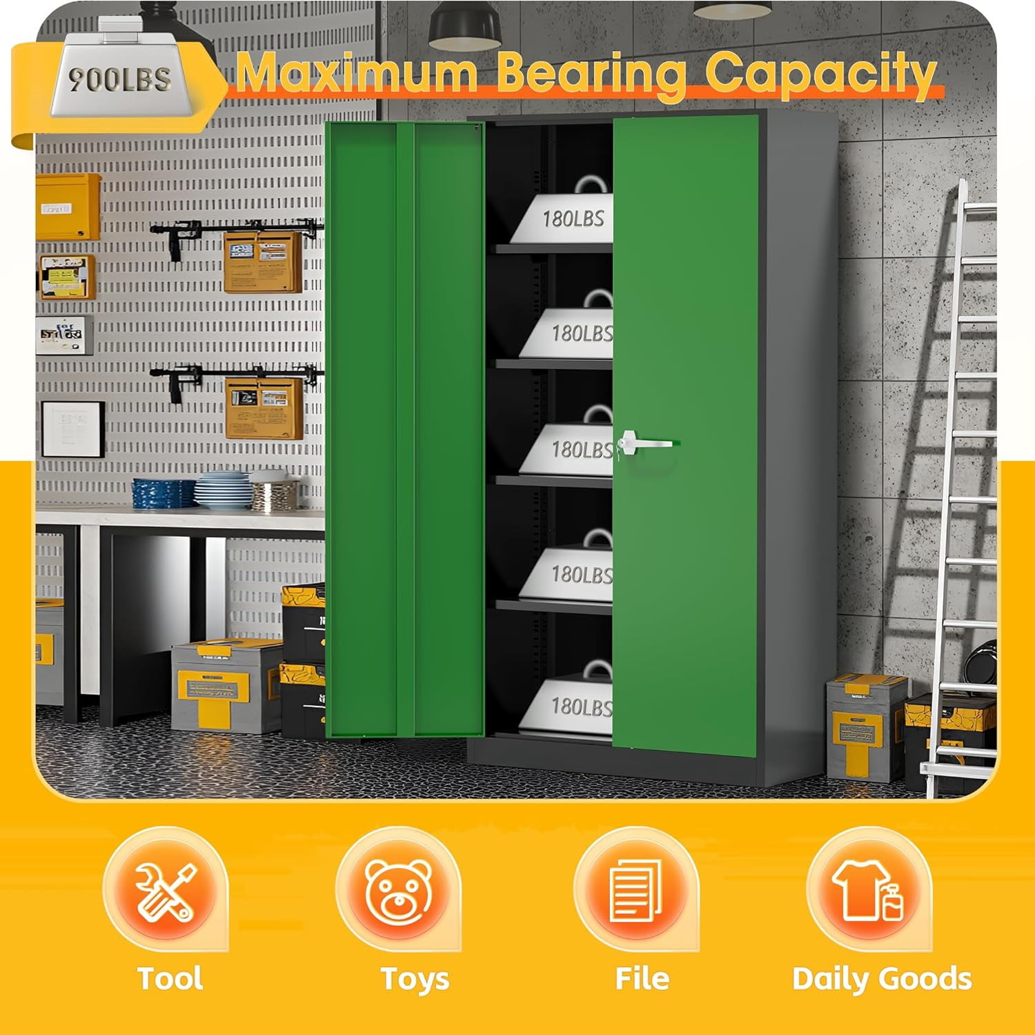 SOLAURA 72" Metal Garage Storage Cabinet with Locking Doors and Adjustable Shelves for Home, Office(Black Green)