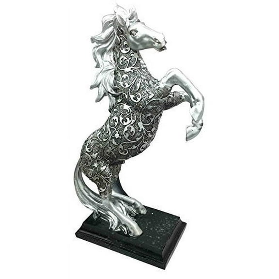 Legendary Silver Skyline Bucking Horse On Hind Legs With Engraved Flame Vines Body Steed Figurine Statue Home Decor Sculpture For Horse Riders Racers Breeders