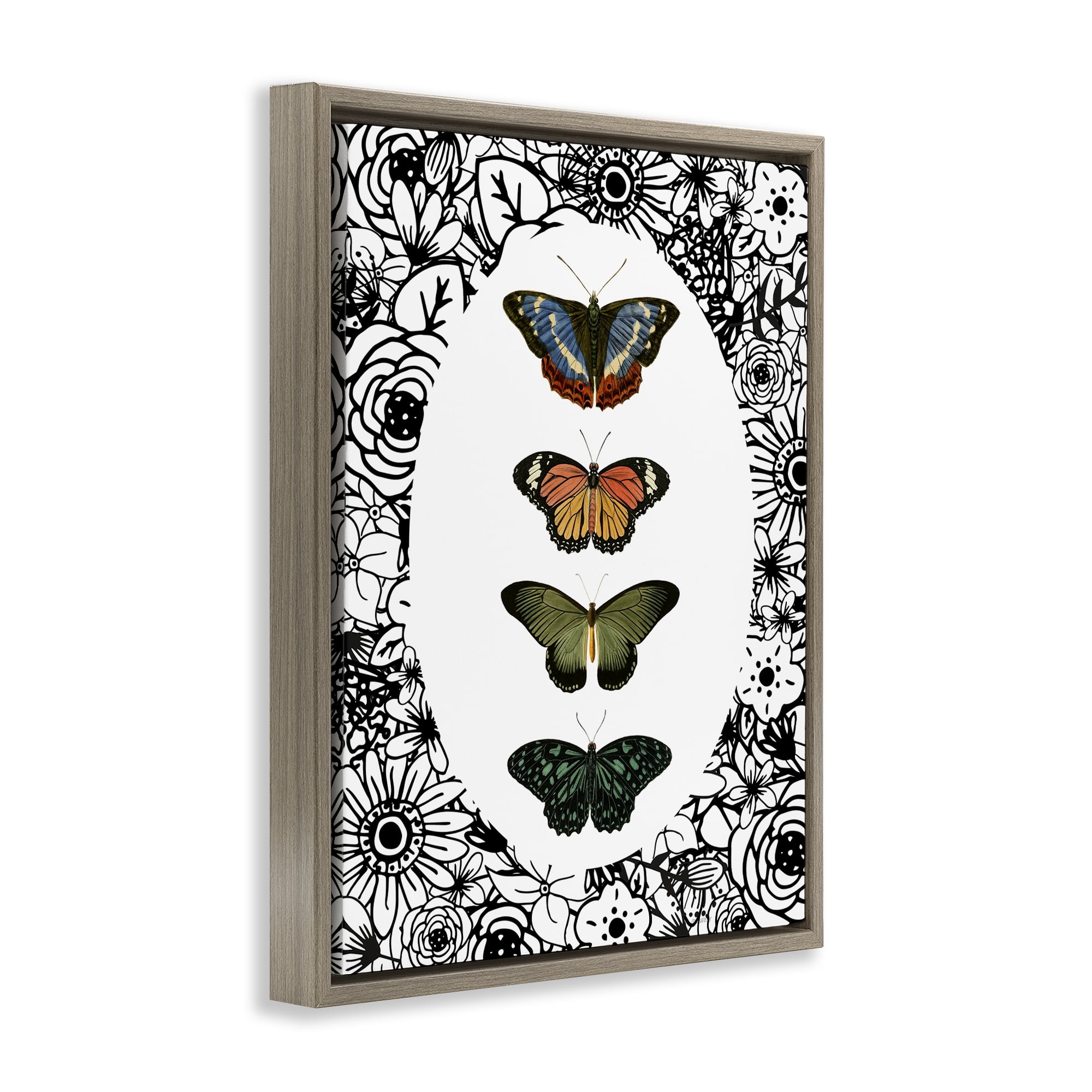 Stupell Industries Floral Border Butterfly Lineup Brown Framed Floater Canvas Wall Art, design by Dan Meneely