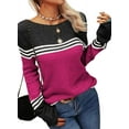thumbnail image 3 of Women Autumn Winter Colorblock Pullover Sweaters Round Neck Striped Slim Fitting Knitwear Tops, 3 of 9