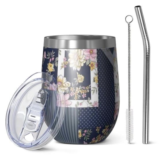 12oz Stemless Wine Tumblers Pioneer Flower Floral Print Pattern Vacuum Insulated Stainless Steel Travel Tumbler Cups Mug with Lid and Straw for Champaign,Cocktail,Beer with Cleaning Brush