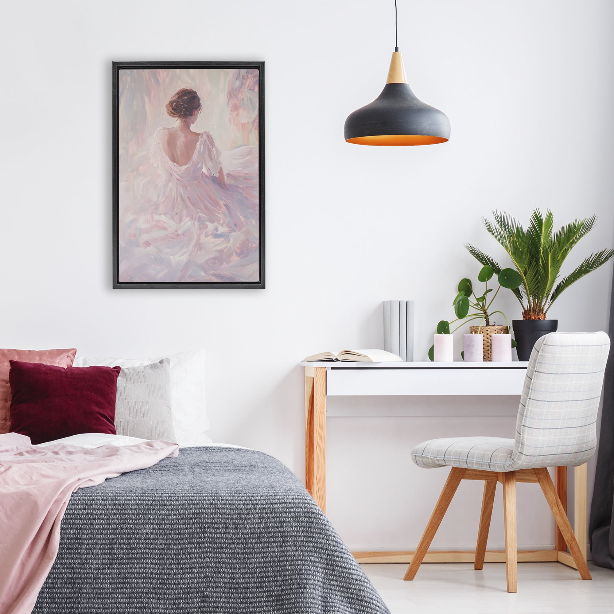 Stupell Industries Graceful Woman in Blush Gown Black Framed Floater Canvas Wall Art, design by Petal Prints Design