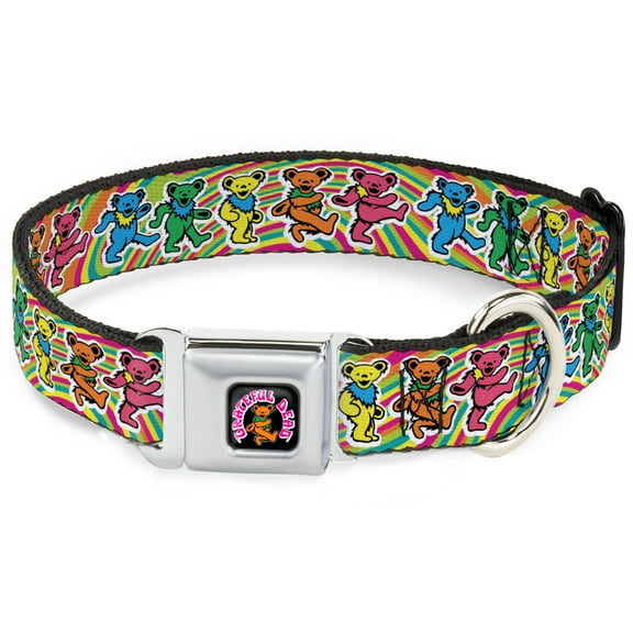 Grateful Dead Pet Collar, Dog Collar Metal Seatbelt Buckle, Grateful Dead Dancing Bears Swirl Multi Color, 9.5 to 13 Inches 1.0 Inch Wide