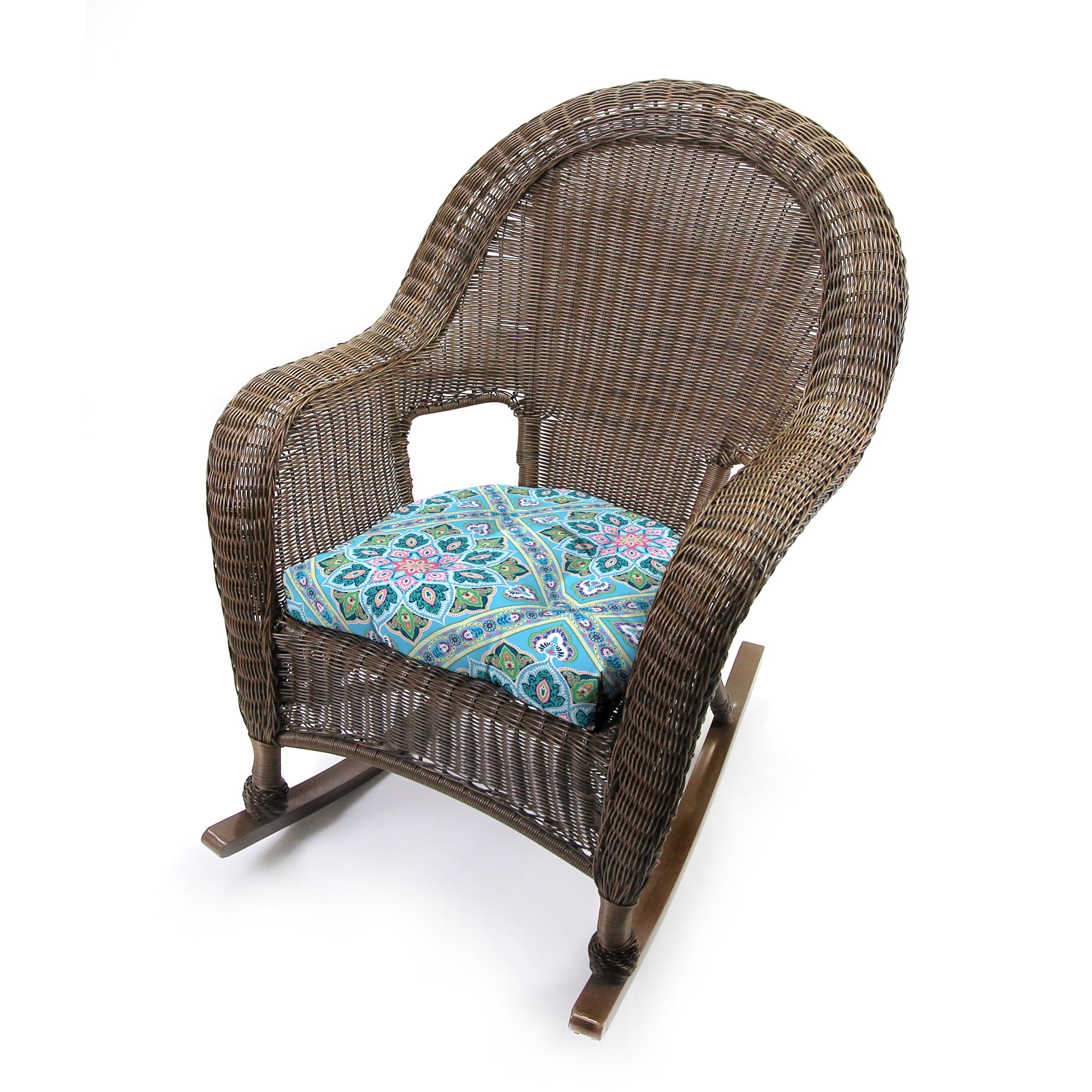Jordan Manufacturing 18" x 18" Medlo Island Teal Medallion Square Tufted Outdoor Wicker Seat Cushion with Rounded Back Corners (2 Pack)