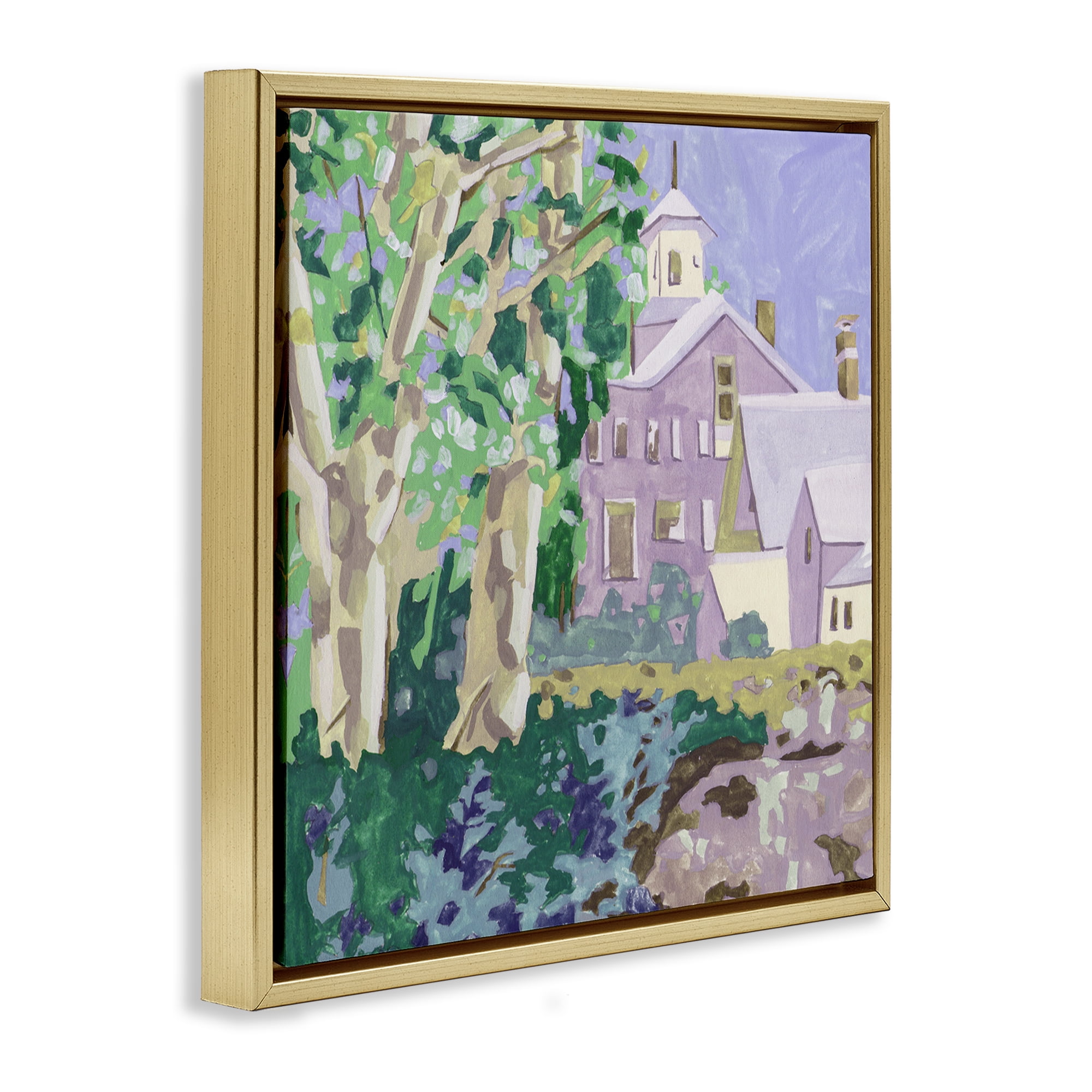 Stupell Industries Town Church Through Trees Buildings & Architecture Painting Gold Floater Framed Canvas Art Print Wall Art, 25 x 25