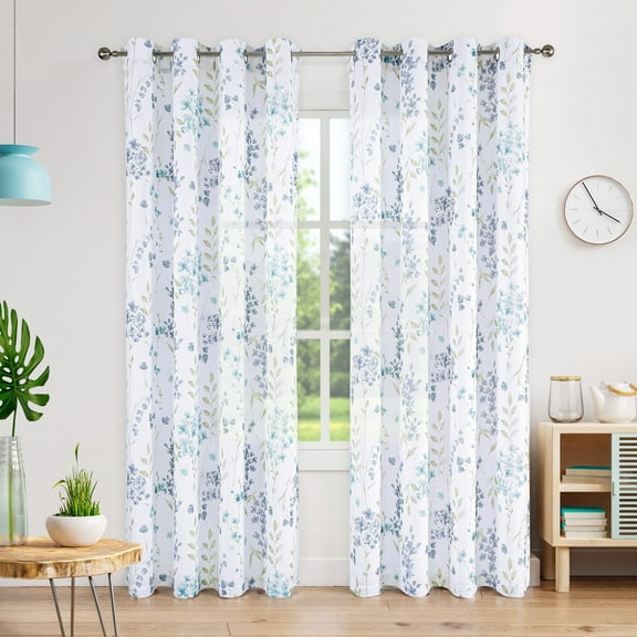 Bohogeo Floral Semi Sheer Decorative Kitchen Curtain Panels, Blue Flower Leaves Printed Pattern Farmhouse Grommet Window Curtain for Living Room Bedroom, Blue, 56" W x 63" L, Set of 2, 56''x63''