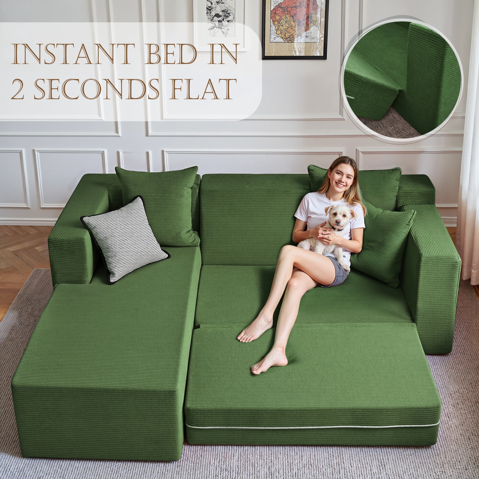 YINIX 106.5" Modular Sofa Couch  for Living Room , Cloud L-Shaped  Sofa with Deep Seating Upholstered, Green
