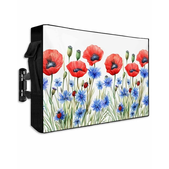 Red Poppy Flower Outdoor TV Cover 52 to 55 Inch Weatherproof, Vintage Blue Independence Day Floral 600D Oxford TV Covers with Waterproof Zipper, Outside Flat TV Screen Protector Size 52"Wx19"Hx4.5"D