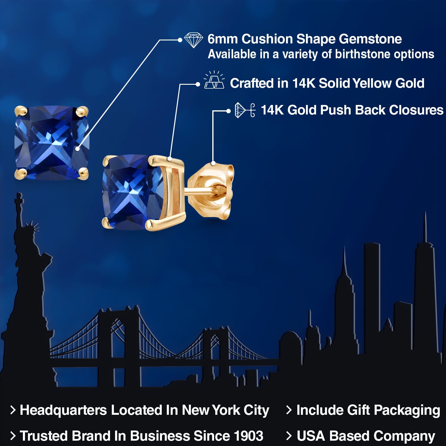 Gem Stone King 14K Yellow Gold Blue Created Sapphire Double Notch Stud Earrings | 2.00 Cttw | Gemstone September Birthstone | Cushion 6MM | Gold Earrings for Women Men