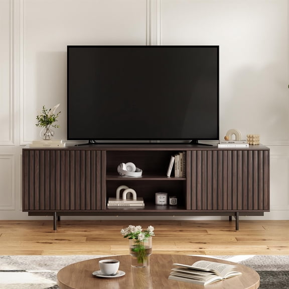 Spaco Mid Century Modern Farmhouse Fluted TV Stand, 75" TV Storage Pop-Up Doors Entertainment Center, Dark Walnut