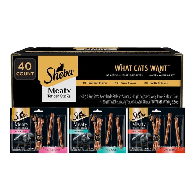 Palitos tiernos y carnosos de Sheba de Cat Treats con pollo, atún y salmón