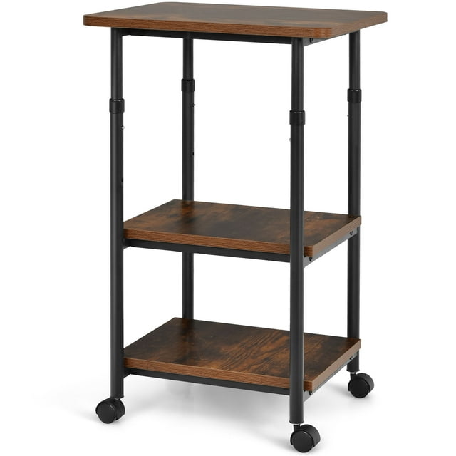 Patiojoy Chariot d'Imprimante à 3 Niveaux Réglable Roulant sous le Bureau avec 3 Étagères de Rangement Support d'Imprimante pour Bureau à Domicile Brun