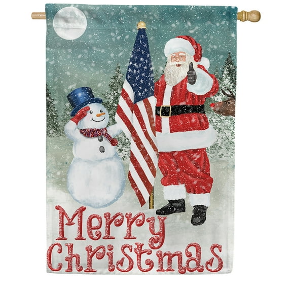 America Forever Merry Christmas USA House Flag 28 x 40 inch Double Sided, Patriotic Holiday Banner Snowman Santa American Flag Outdoor Decor, Winter Celebration Yard Display Decorations
