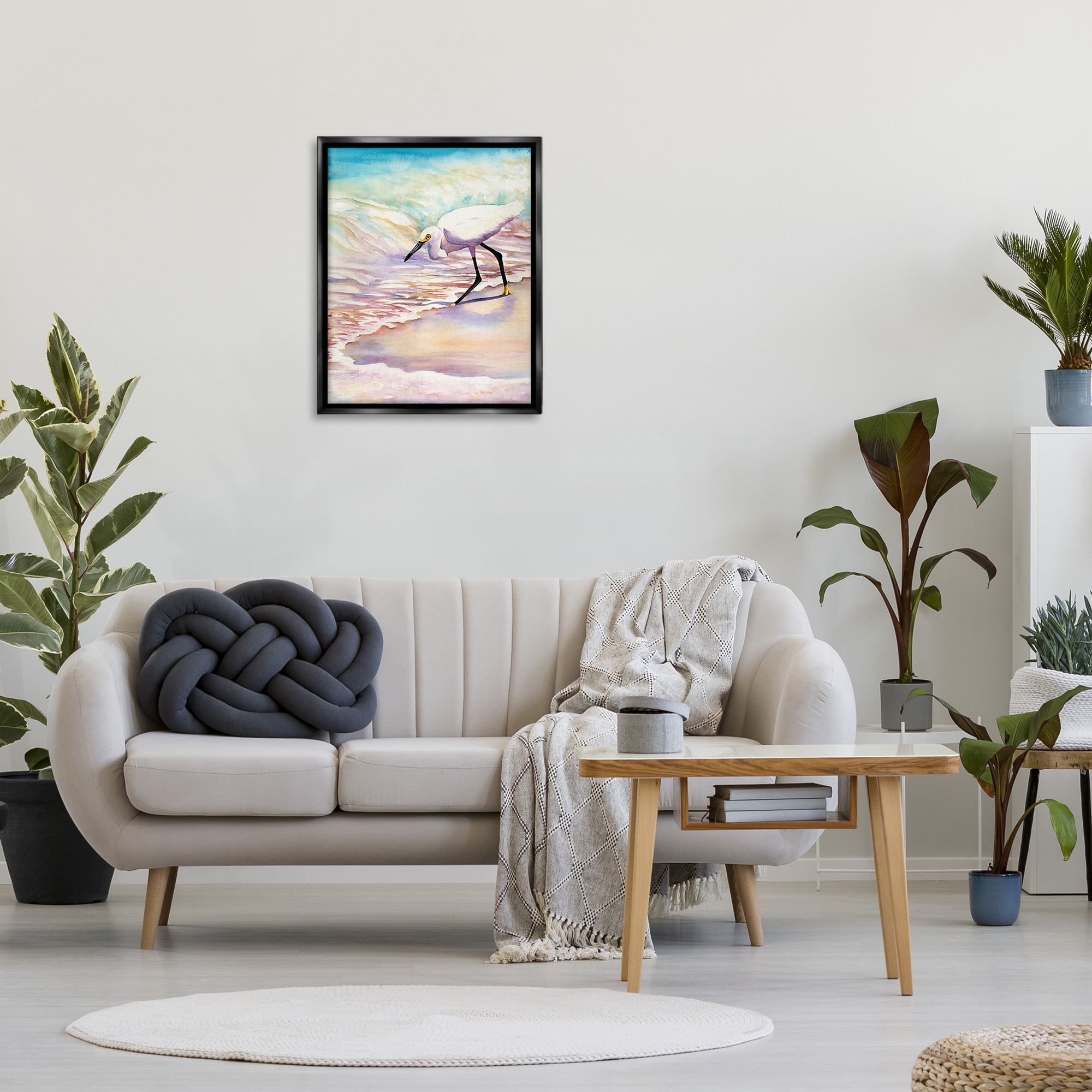 Stupell Industries Bird on Pastel Shore Animals & Insects Painting Black Floater Framed Canvas Art Print Wall Art, 25 x 31