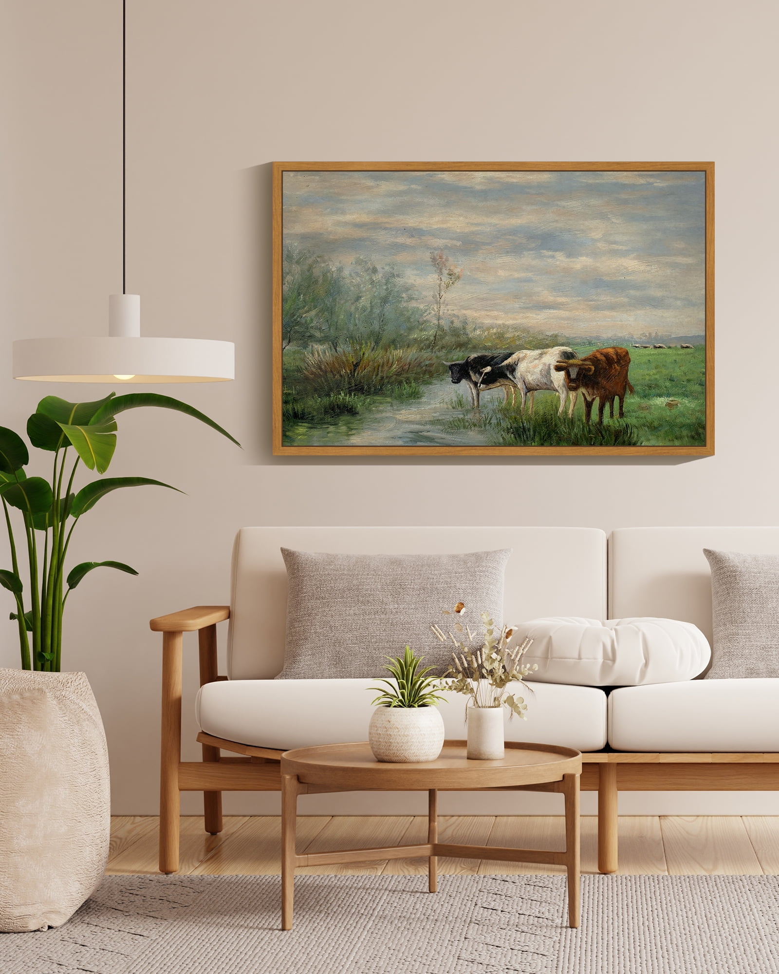 Drsoum Vintage 24x36in Natural Framed Landscape Canvas Wall Art Cow Farm Classic Wall Prints Modern Farmhouse Bathroom Office Decor