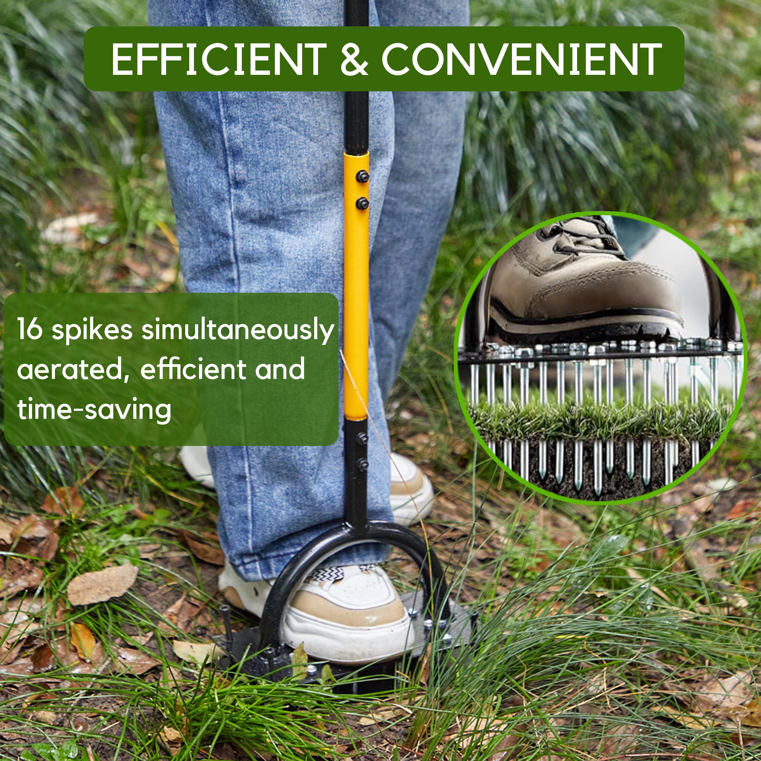 Hyindoor Lawn Aerator Tool, Manual Metal Tool Set with 16 Solid Steel Spikes, Automatic Leaf and Dirt Cleaning with Spring Base Design, Garden Tool for Yard Care（with Gloves）