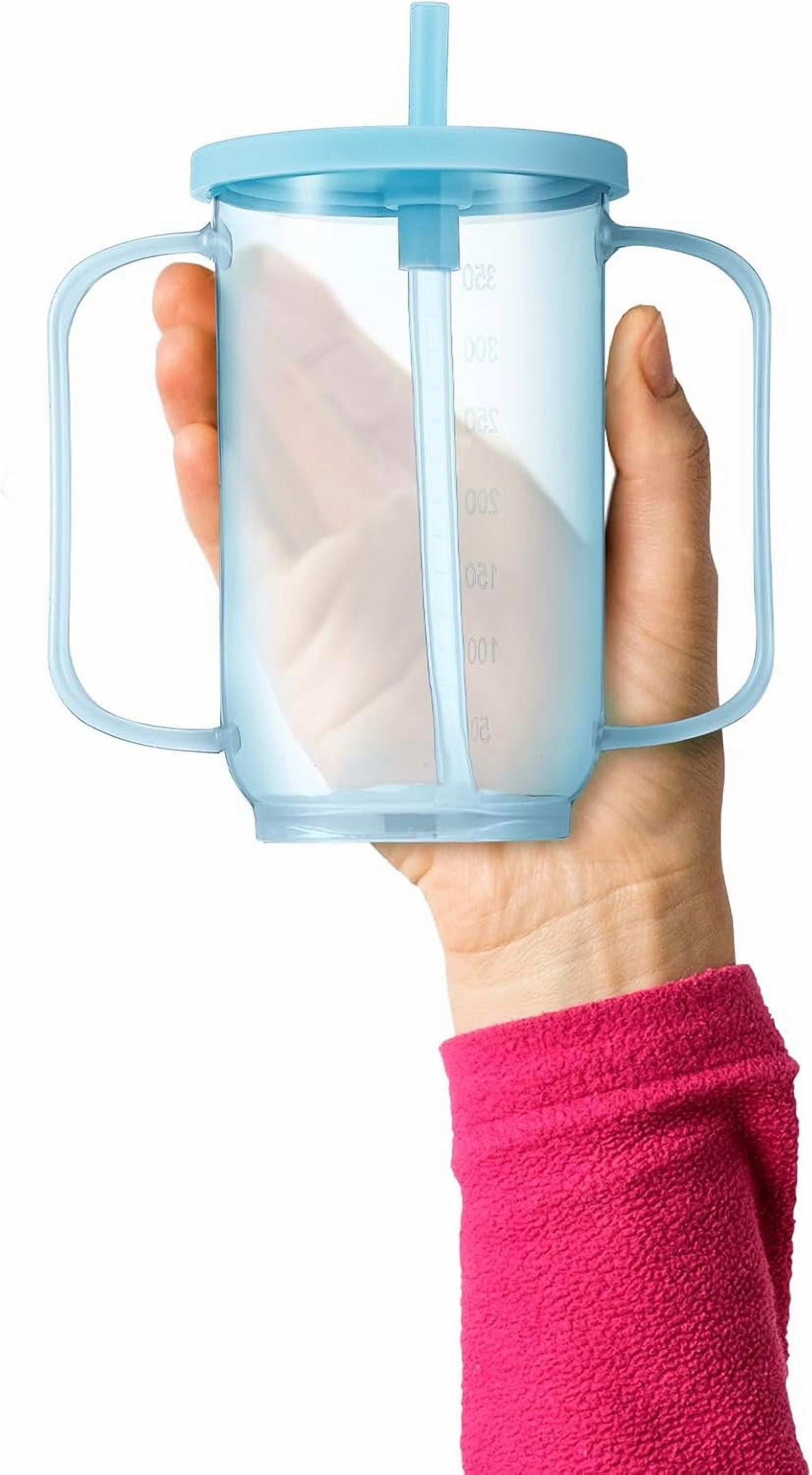 JJEAN-Adult Sippy Cups for Elderly 12 oz Straw Sippy Cups with 2 Handles No Spill for Adults Spill Proof Dysphagia Cup for Disabled Patients(Light Blue)