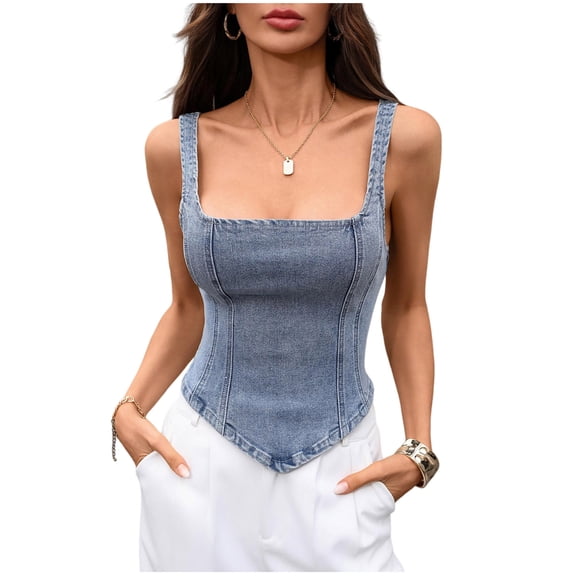 Staron Women's Casual Tank Top Square Neck Sleeveless Solid Denim Fashion Basic Comfy Relaxed Loose Fit Summer Vest, Blue M