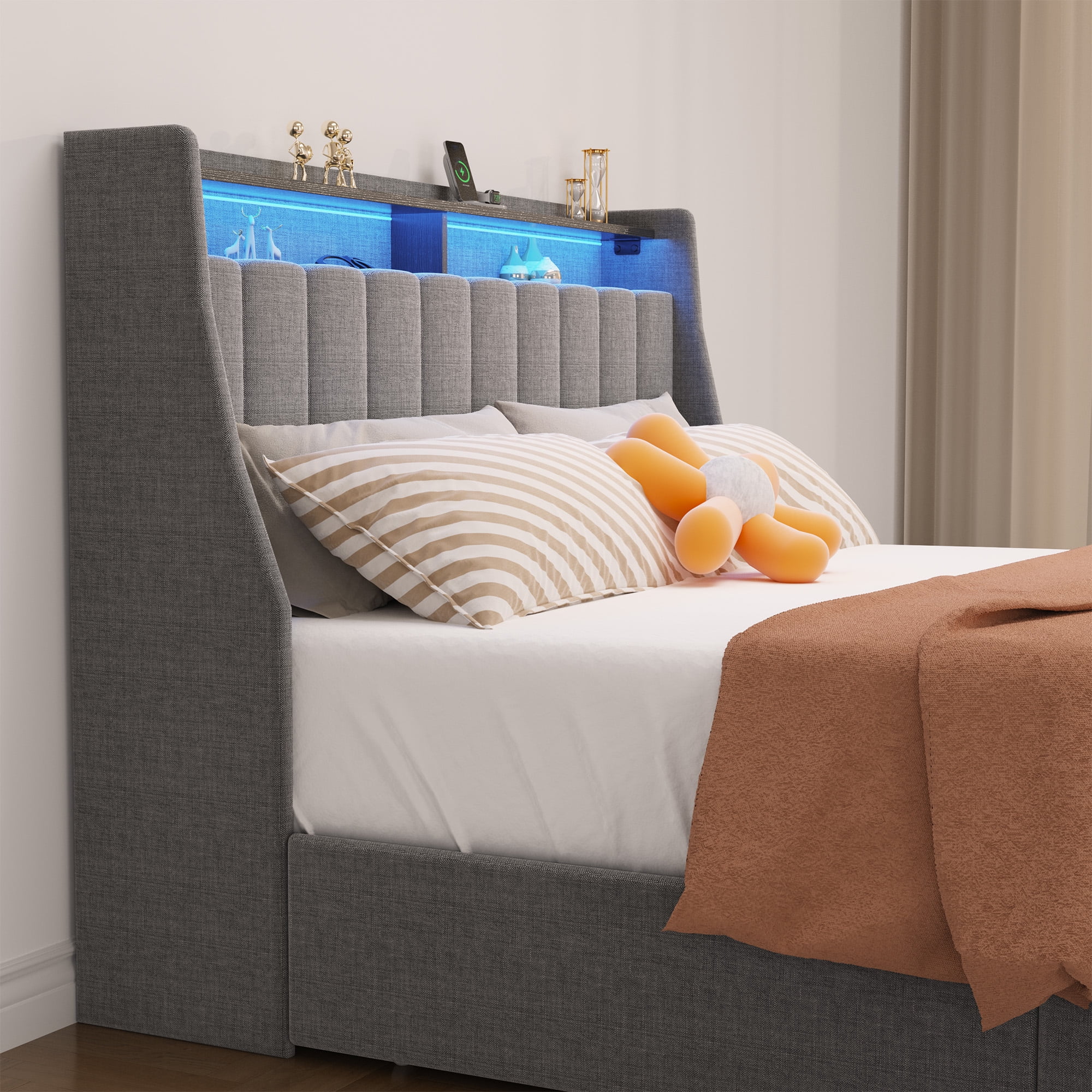 Euroco Queen Size Platform Bed with LED Light, Modern Storage Bed with 4 Drawers, Light Grey