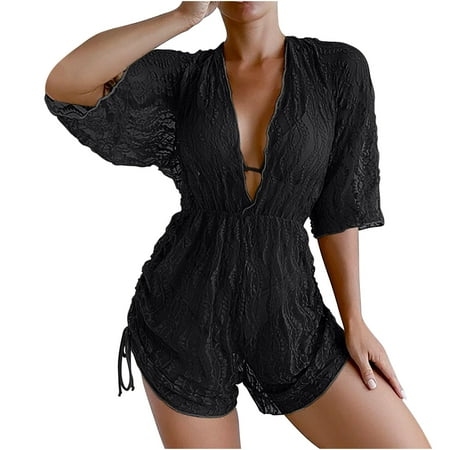 Hfyihgf Women s 3 Piece Swimsuit Halter Triangle High Cut Bikini Set with Floral Sheer Mesh Beach Cover Up Romper Swimwear(Black M)