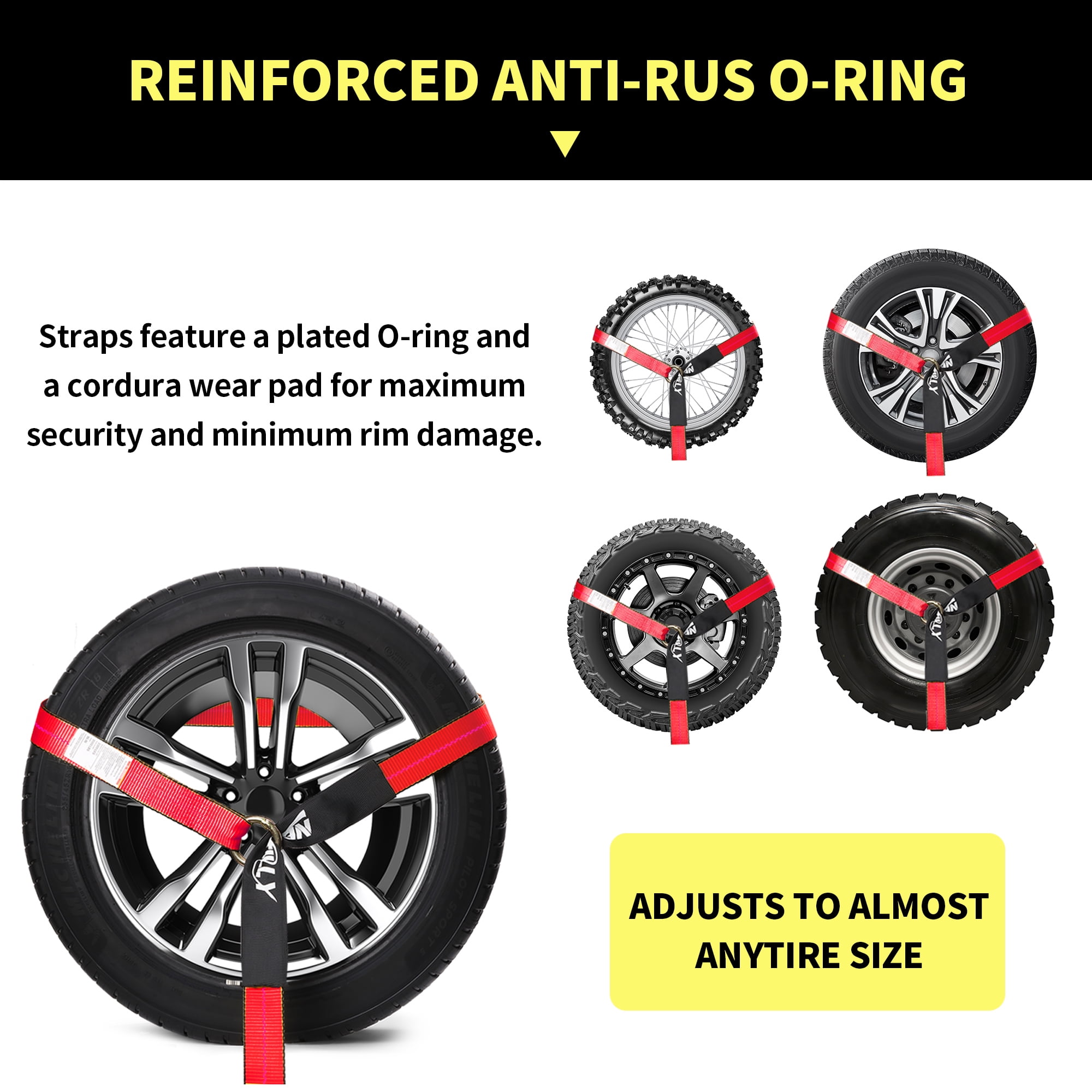 4 Pack Reflective Wheel Tie Down Straps for Trailers,Tire Ratchet Strap with Chain Anchors - 2" x 96" 9900LBS Break Strength,Lasso Style Car Hauler Straps for Hauling UTV, SUV, Truck, Any Cars, Red