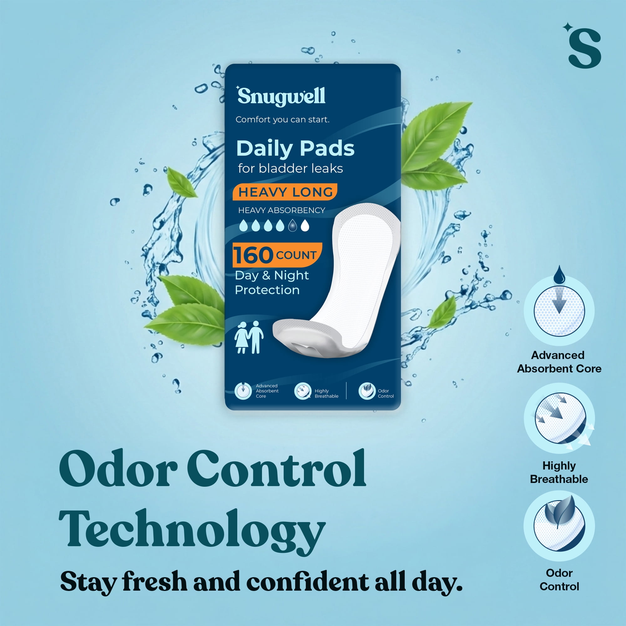 Snugwell Daily Pads Long for Bladder Leaks, Heavy Absorbency, 13 Inch, 160 Count