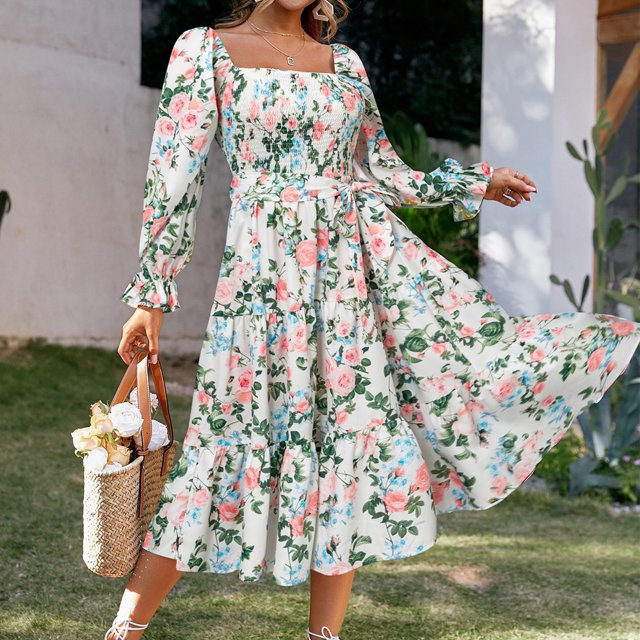Vestido Vestido de manga acampanada para mujer Vestido largo de verano con estampado floral y espalda abierta Kuymtek Blanco T XXL para Mujer