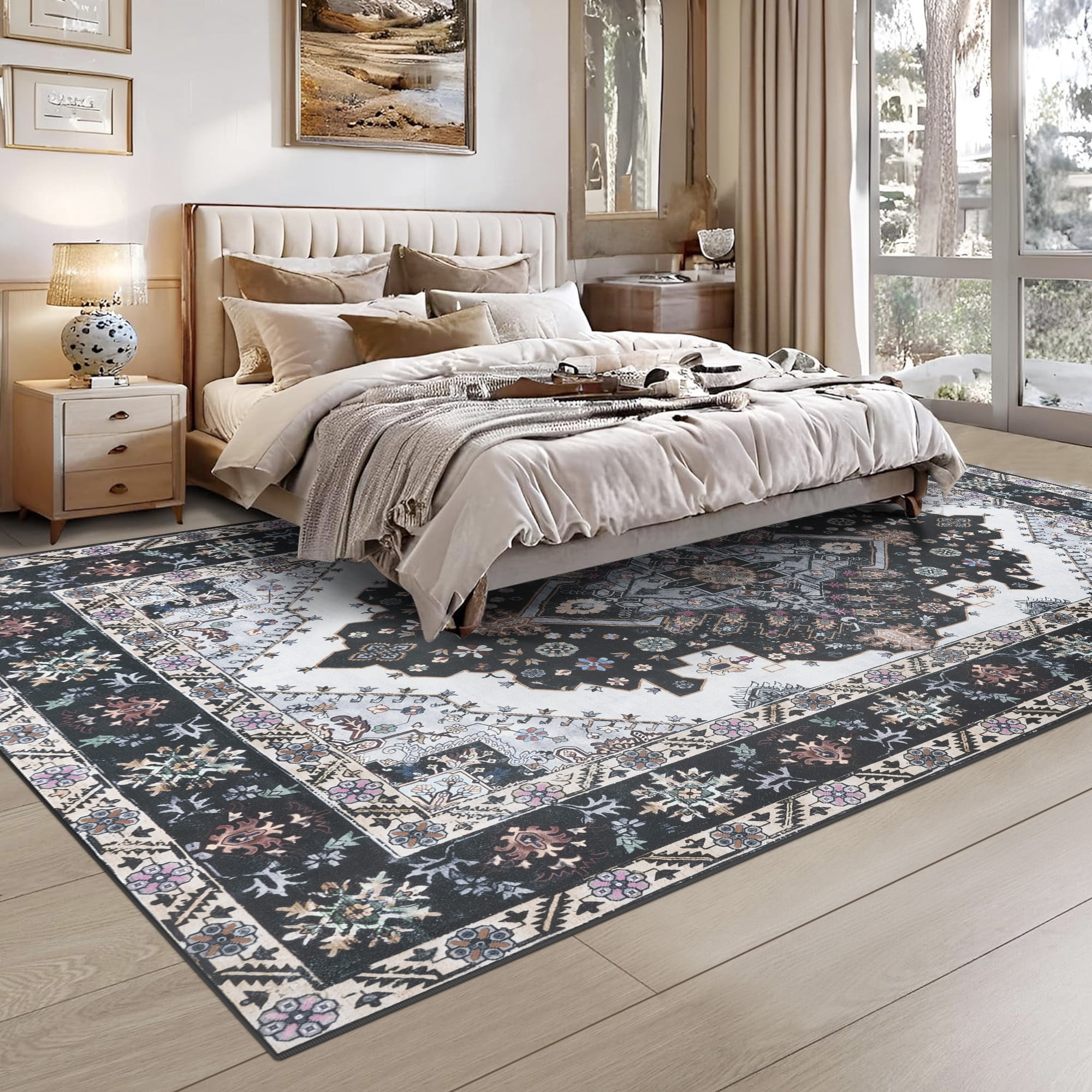 Wondo 7x10 Black Area Rug - Machine Washable Non-Slip Rubber Backing, Low Pile Vintage Carpet for Living Room Bedroom Kitchen Dining Office