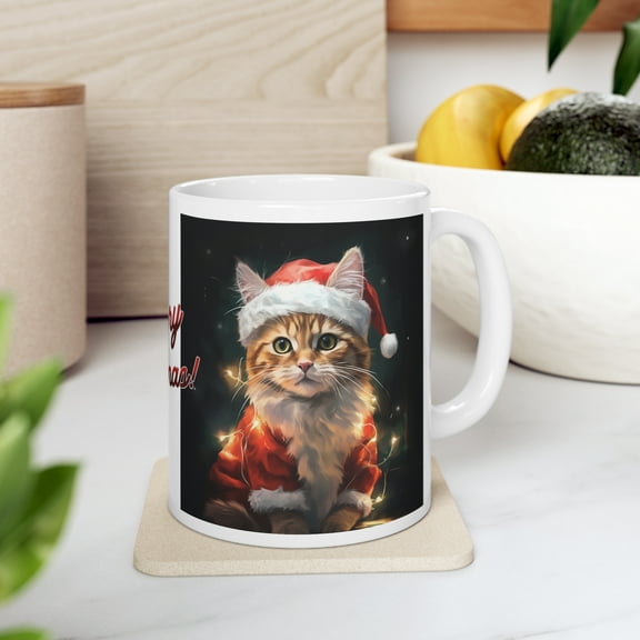 Coffee Mug 11oz, Merry Christmas Cat Lover Mug, Santa Costume Cat Tea Cup