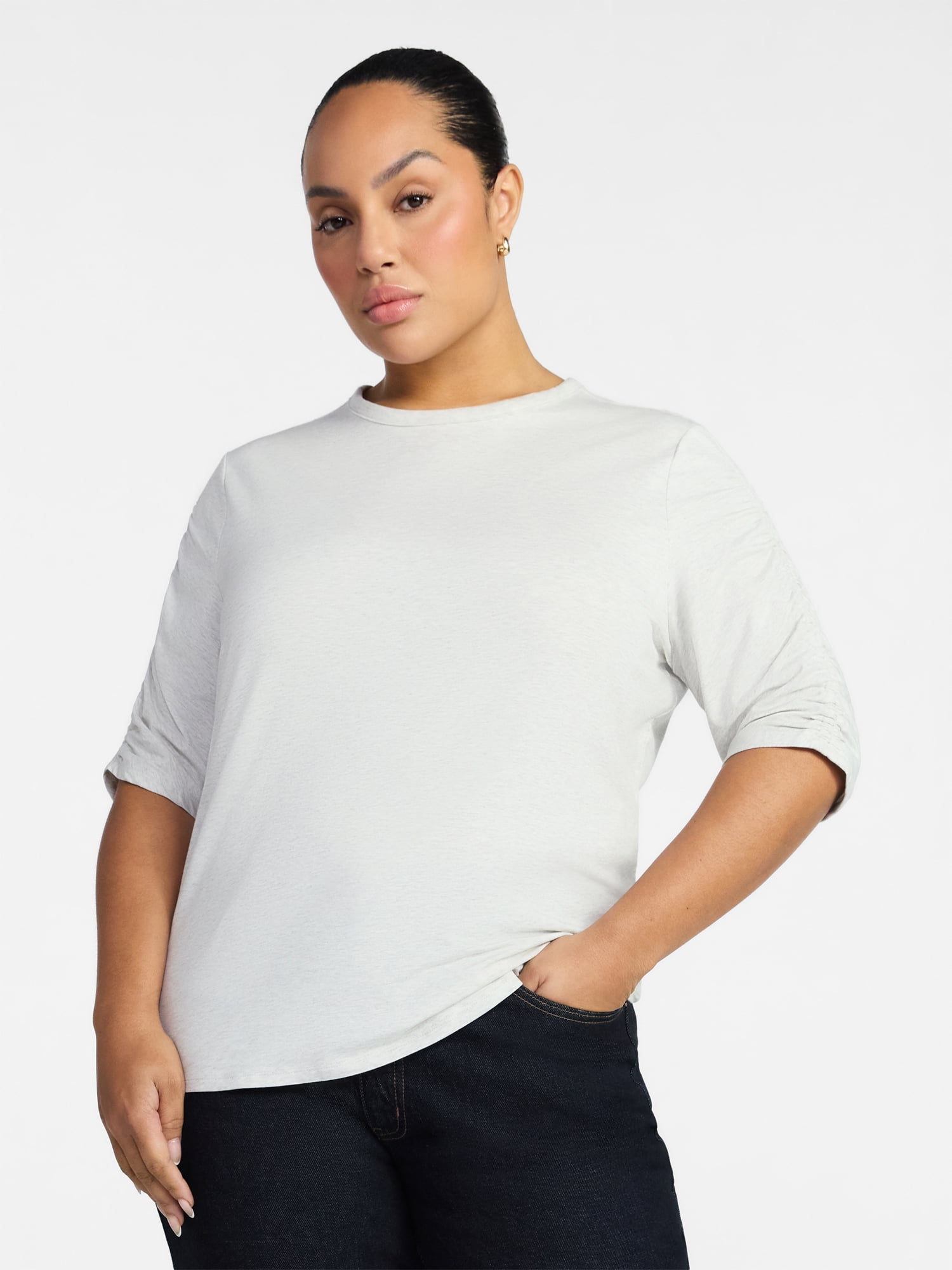 Time and Tru Women's Ruched Elbow Sleeve Tee, Sizes XS-XXXL