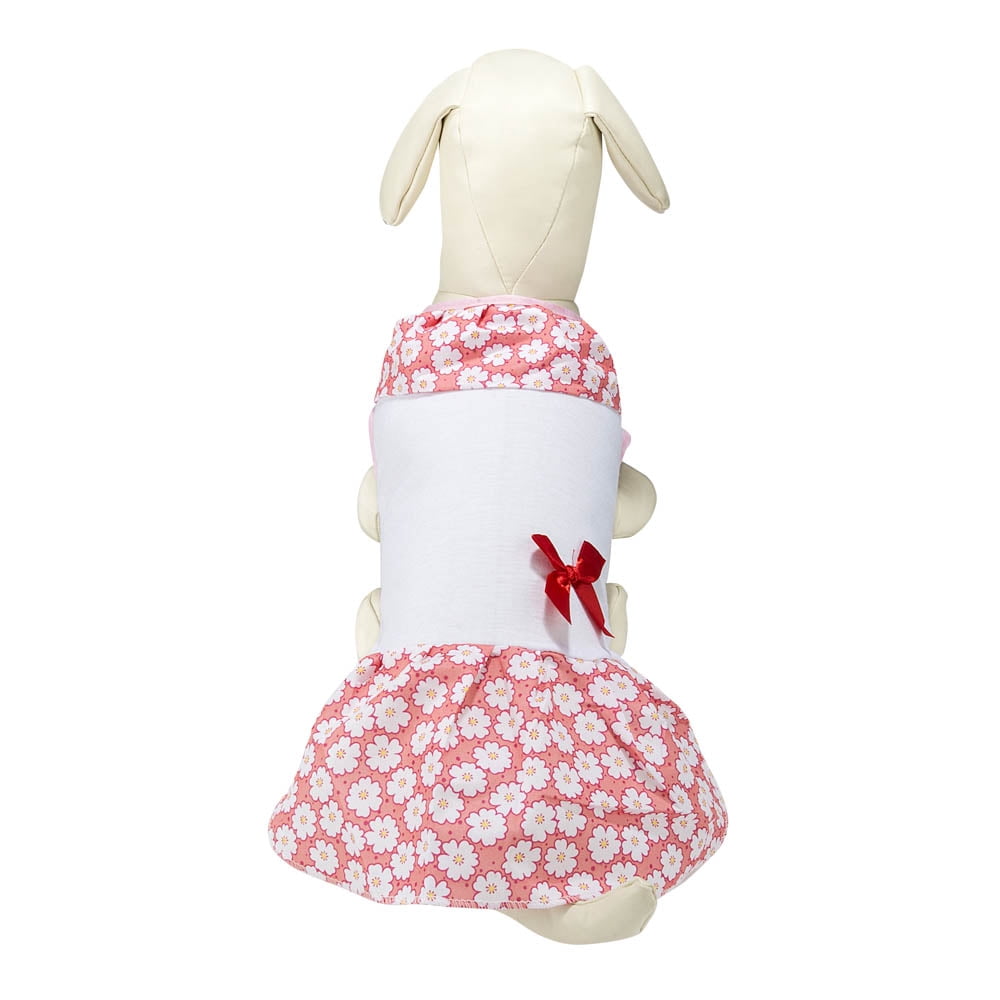 CUECUEPET White / Pink Dress [White Daisy Pattern] with Red Bow for Female / Girl Dogs and Puppies [Multiple Sizes Available]