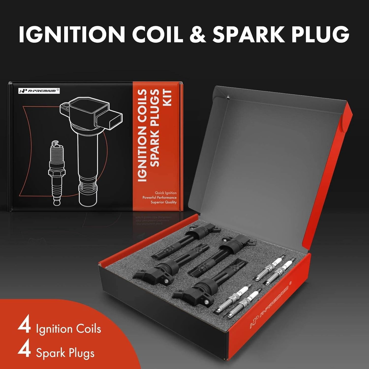 A-Premium Set of 4 Ignition Coil Pack and Iridium Spark Plugs Compatible with Hyundai Veloster 2014-2015 & Kia Forte Koup 2014-2015, Forte5 2014-2015, 1.6L, Replace# NGK93655