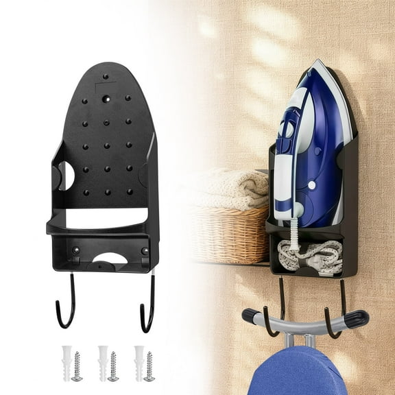 TSV Wall Mount Ironing Board Hanger, Electric Iron Holder, Ironing Board Storage Organizer Shelf With Removable Hooks, Black