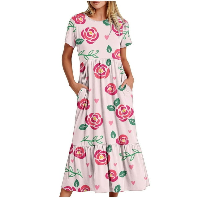 Robes d'Été Grande Taille pour Femmes 2024 Manches Courtes Col Rond Ample Imprimé Couleur Longue Robe Économisez jusqu'à 65 %!