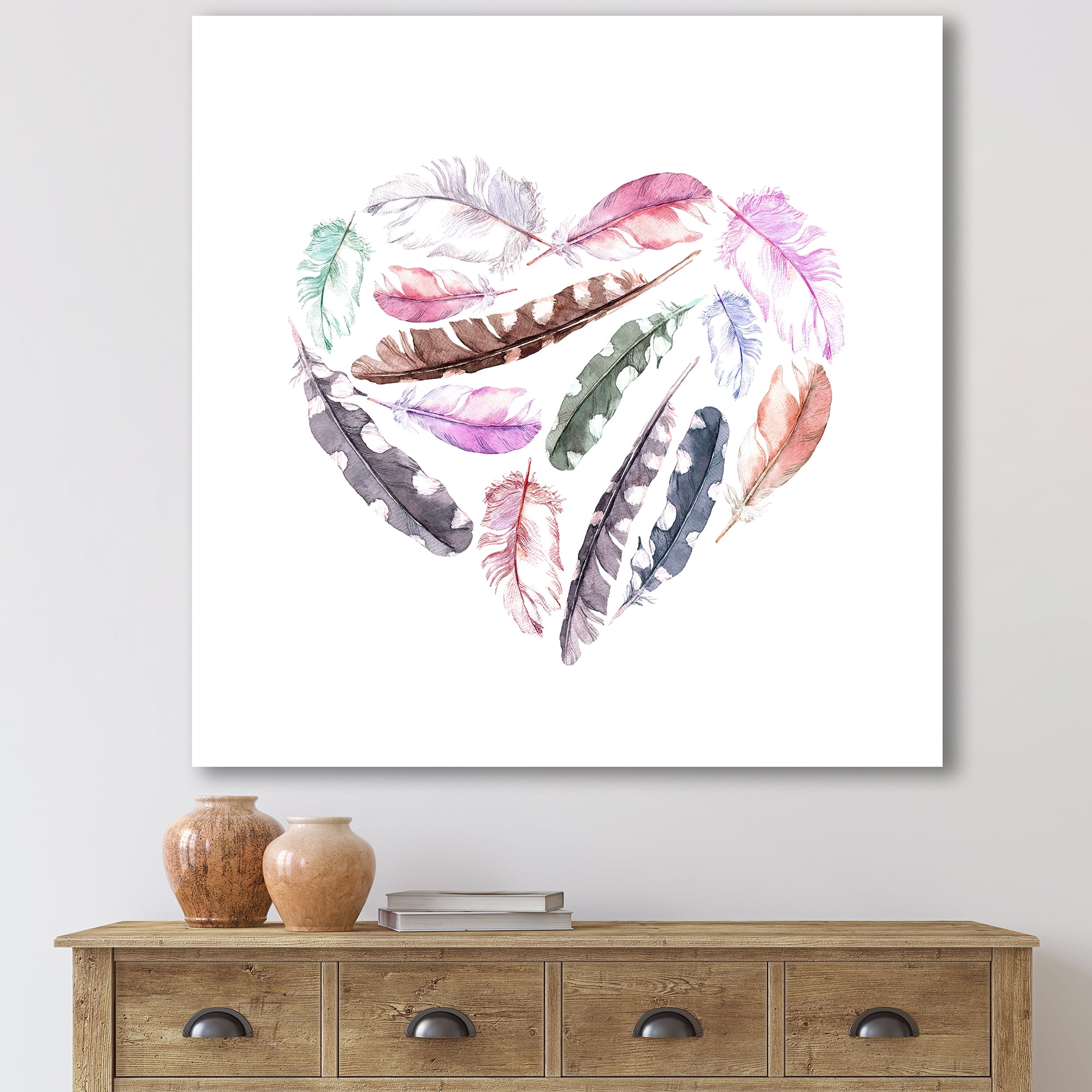 Designart ' Retro Pink Bird Feathers With Heart ' Bohemian & Eclectic Canvas Wall Art Print
