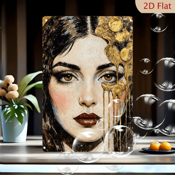 Modern Wall Art 8x12 Inch Metal Print, Surreal Portrait of Woman with Amber Eyes and Dripping Gold Paint on Dark Textured Background, Abstract Fine Art Canvas for Living Room Decor