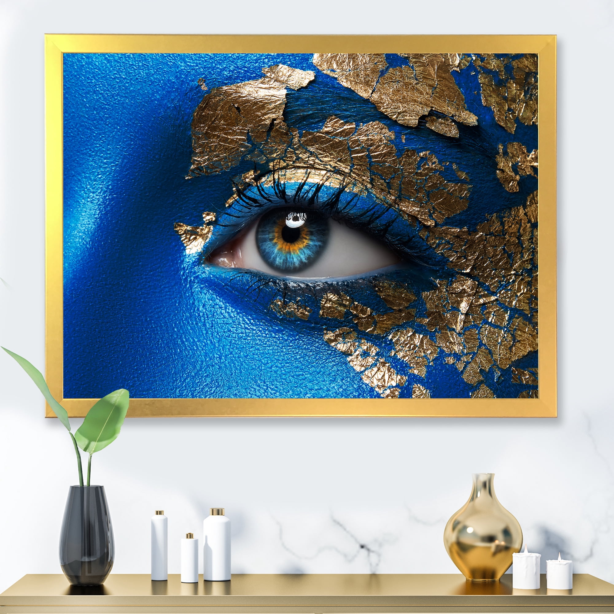 Designart 'Portrait of A Young Woman Model With Blue Make-Up' Modern Framed Art Print