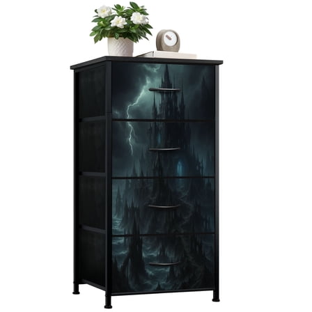 Dresser for Bedroom with 4 Storage Drawers Dark Gothic Castle Amidst Stormy Skies Dressers Chest of Drawers Steel Framed Fabric Closet Organizers for Entryway