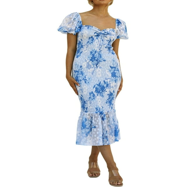 Femmes Été Manches Courtes Floral Wrap Froncé Ourlet Plissé Swing Midi Robe de Soleil
