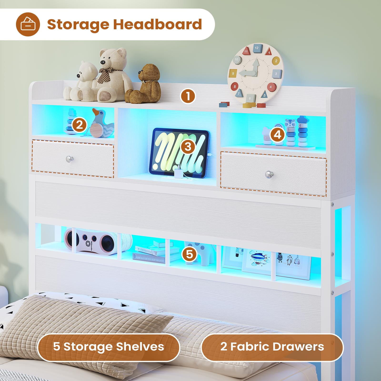 White Twin Bed Frames,with LED Light & Charging Station, Twin Size Bed Frame with Fabric Drawers and 5 Storage Shelves, Platform Bed Frames with Headboard ,No Box Spring Needed