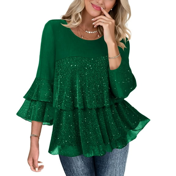 Ltctricy Women's Tunic Tops Sparkly 3/4 Bell Sleeve Crewneck Ruffle Hem Layered Glitter Mesh T Shirts Dressy Casual Party Blouses(Green,Medium)